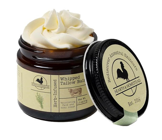 Hearth and Homestead: Handmade Whipped Tallow Balm (Unscented/Herb-Infused) - Organic Body Butter with Infused Olive Oil, for Eczema, Rosacea, Baby - 1.3 oz