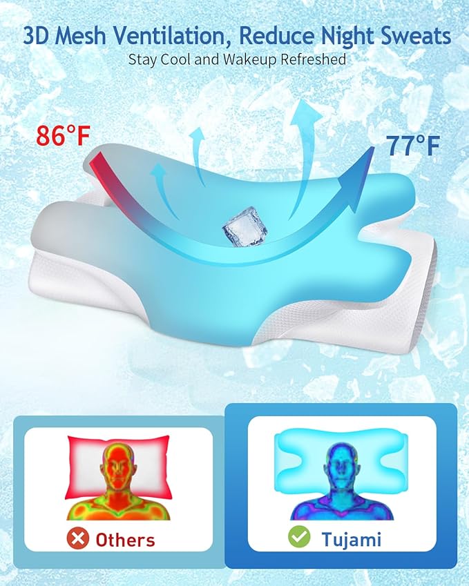 Cervical Neck Pillow for Neck Shoulder Pain Relief, Soft Contour Side Sleeper Pillow of 2 Heights, Odorless Q-max Cooling Memory Foam Orthopedic Bed Pillow for Back Stomach Sleeper