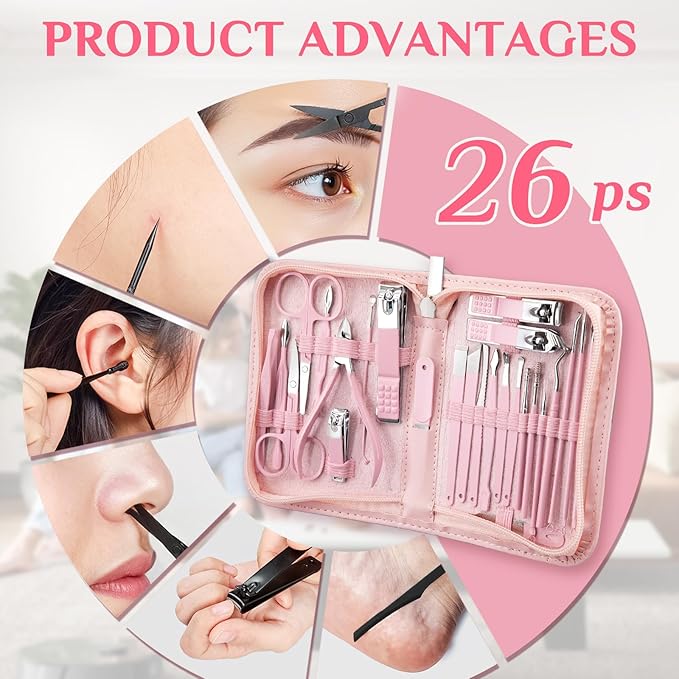 Manicure Set Professional Nail Clipper Kit-26 Pieces Stainless Steel Manicure Kit,Nail Care Tools with Luxurious Travel Case (Pink)