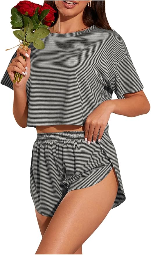 OYOANGLE Women's Two Piece Pajama Set Striped Print Crew Neck Short Sleeve Tee and Side Split Shorts Set