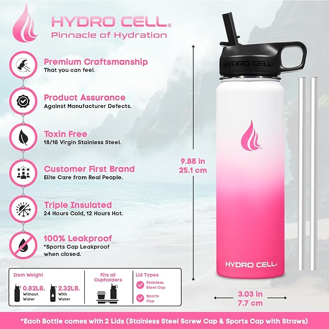 HYDRO CELL Stainless Steel Insulated Water Bottle with Straw - For Cold & Hot Drinks - Metal Vacuum Flask with Screw Cap and Modern Leakproof Sport Thermos for Adults (White/Pink 24oz)