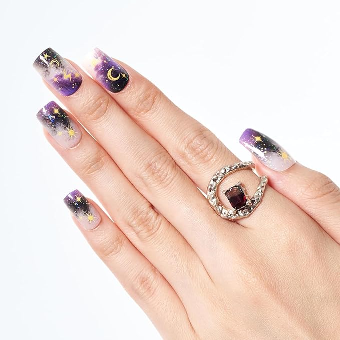 GLAMERMAID Deep Purple Ombre Press on Nails Medium Square, Gothic Moon Glitter Gel False Nals, Gothic Moon Glitter Glue on Nails Kit for Women, Reusable Stick on Acrylic Fake Nails Manicure Set