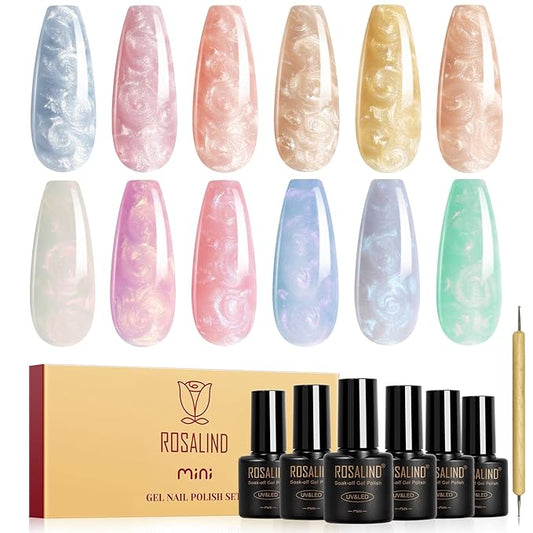 ROSALIND Pearl Gel Nail Polish - 12 Colors Pearlescent Shell Gel Polish Set with Dotting Pen Shell Swirl Thread Effect Soak Off UV Set Shimmer Nail Art Collection Manicure Gift for Women