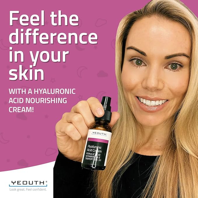 YEOUTH Hyaluronic Acid Moisturizer Face Cream with Vitamin C & E, Ferulic Acid & Tripeptide 31, Hydrating Face Moisturizer, Hyaluronic Acid Cream Suitable for Dry & Dull Skin 1oz