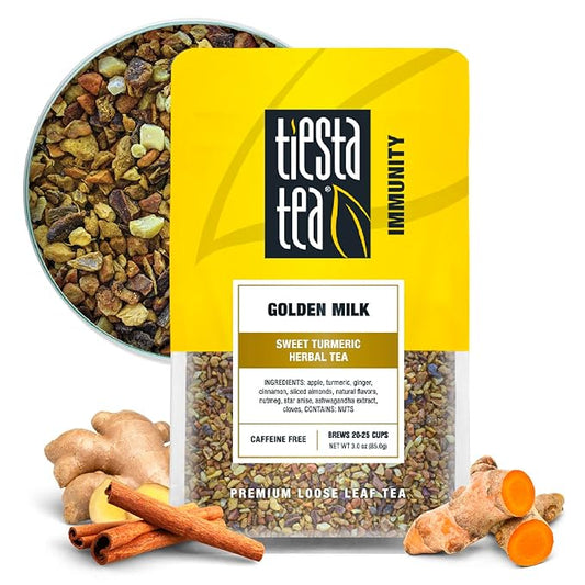 Tiesta Tea - Golden Milk, Loose Leaf, Sweet Turmeric Herbal Tea, Non-Caffeinated Herbal Blend, Makes Hot or Iced Up to 20-25 Cups, 3oz Resealable Pouch