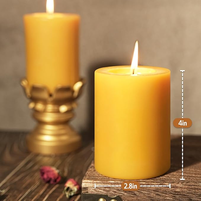 Natural Beeswax Pillar Candle, 106 Hours Long Burning Emergency Candle 2.8x4in Unscented Organic Pillar Candles 100% Pure Bees Wax Candles for Home Paryer, 2 Packs