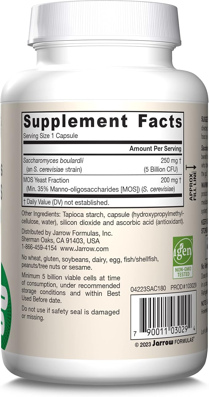 Jarrow Formulas Saccharomyces Boulardii + MOS - 5 Billion Organisms Per Serving - 180 Delayed Release Veggie Caps - Probiotic + Prebiotic - Intestinal Tract Support - Up to 180 Servings