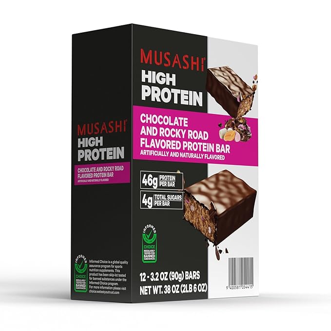 MUSASHI High Protein Bar, 45g Protein, 2g Total Sugars, Rocky Road, Post Workout and Protein Snack On The Go, 12 Pack of 3.2oz (90g) Bars