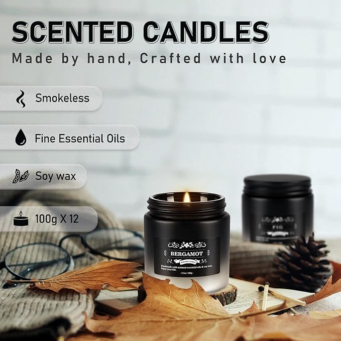 12-Pack Scented Candles Set - Men Candles for Home Scented, 3.5oz Soy Wax, Long Lasting Candle, Soy Candle Gifts Set for Men, Birthday, Valentine, Christmas, Anniversary Present