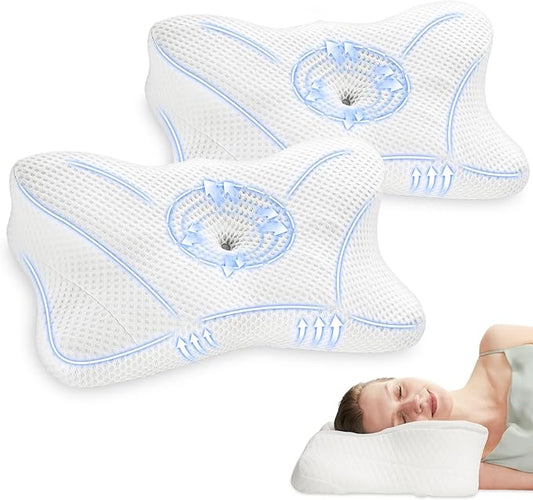 DUMOS Cervical Neck Pillow Set of 2, Memory Foam Contour Pillow with Arm Rest Slot and Soft Breathable Pillowcase, Ergonomic Dual-Height Orthopedic Support for Side, Back, and Stomach Sleepers, White