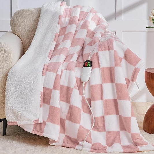 Light Pink Heated Blanket Electric Twin Size, 62X84 Heating Blanket with 10 Heat Levels & 8 Hours Auto Off, Checkered Plaid Soft Fleece Sherpa Blankets Warmer Gifts for Couch Grandma Women Adults, ETL