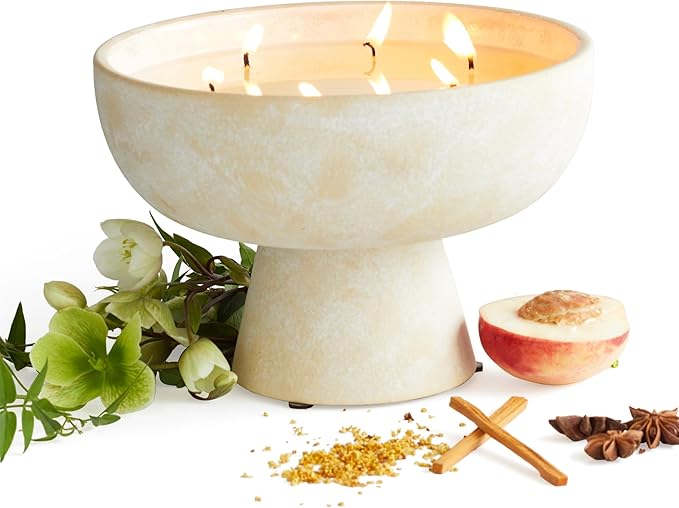 BLUEME Osmanthus & Sandalwood, Luxury Candle w/Essential Oils, 6 Wick, Hand-Poured Soy, Cotton Wick, Ceramic