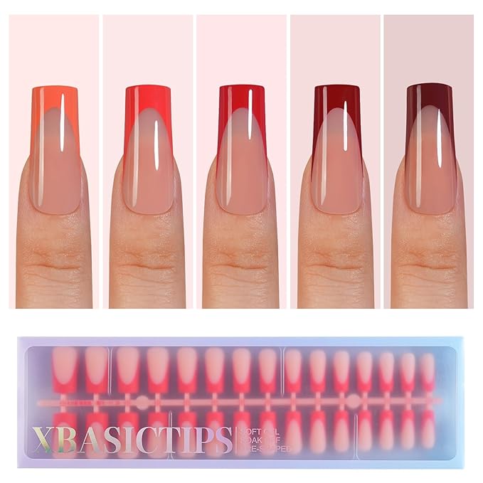 Misssix XBASICTIPS Red French Tip Press On Nails, 150Pcs French Gel Nail Tips Long Square, Soft Gel Pre-shaped No Need to File 3 in 1 Tips, Fake Nails for Nail Art DIY Extension Designs 15 Sizes