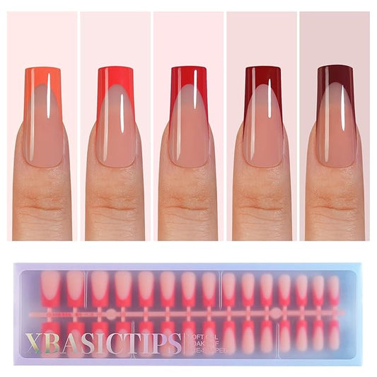 Misssix XBASICTIPS Red French Tip Press On Nails, 150Pcs French Gel Nail Tips Long Square, Soft Gel Pre-shaped No Need to File 3 in 1 Tips, Fake Nails for Nail Art DIY Extension Designs 15 Sizes