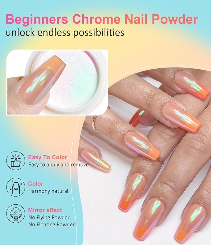 Gold Chrome Nail Powder BISHENGYF -【Fairy Effect】Pink Chrome Nail Powder White Pearl Aurora Mermaid Iridescent Rose Gold Red Nail Chrome Powder Metallic Mirror Glitter Pigment Dust for Nail Art DIY