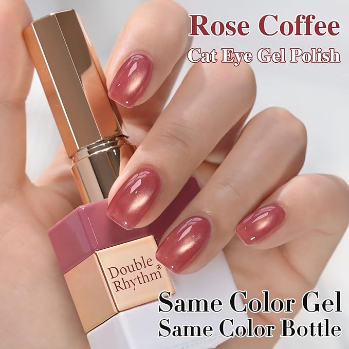 Double Rhythm 0.5 OZ Cat Eye Gel Polish with Magnet 15ML Holographic Glitter Shimmer Translucent Jelly Color Magnetic Nail Polish Salon DIY at Home (Rose Coffee-MC1272)