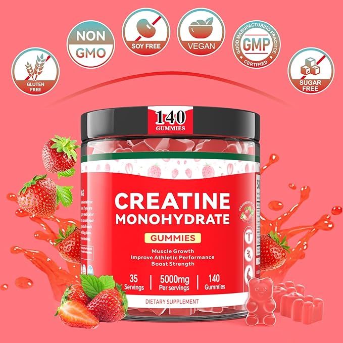 Creatine Monohydrate Gummies for Men & Women, 140 Gummies, Strength and Endurance Enhancing Creatine Chews, Gluten Free, Sugar Free, Strawberry Flavor