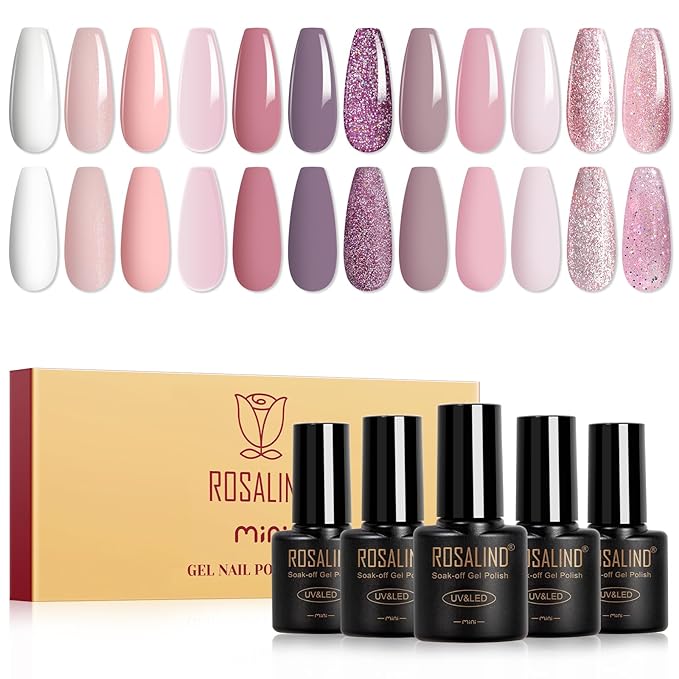 ROSALIND Pink Gel Polish Set, 12 Colors White Pink Purple Glitter Gel Nail Polish Peach Blush Pinks Sparkle Gel Polishes Soak Off Light Purple Gray Spring Romantic Gel Polish Kit