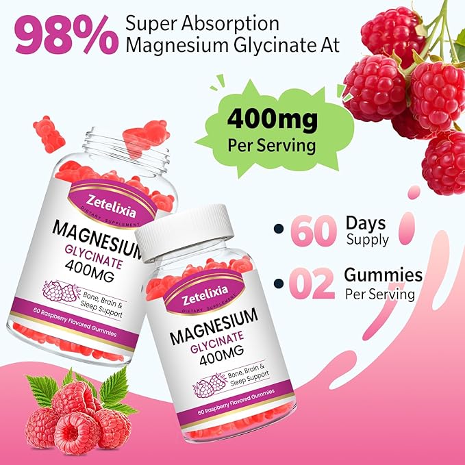 2 Pack Magnesium Glycinate Gummies, High Absorption Magnesium Glycinate Supplements for Relaxation, Sugar Free Chews for Adults & Kids, Relax Mood, Raspberry Flavor, 120 Count