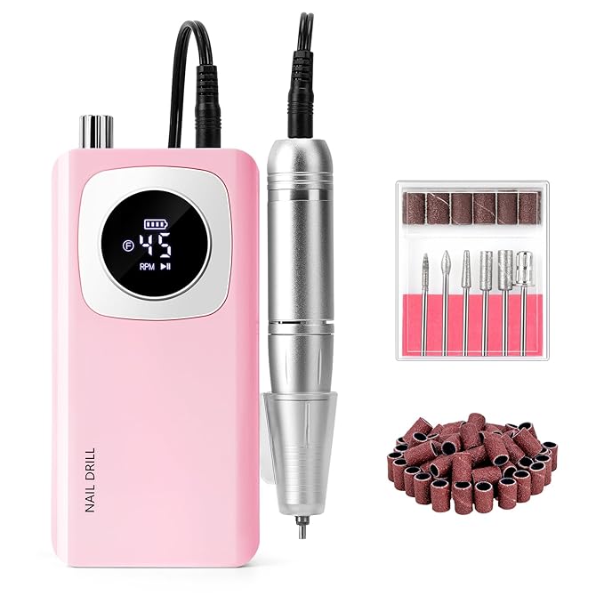 Rechargeable Electric Nail File Professional: Madenia 45000RPM Portable Efile Nail Drill Kit, Cordless E File Nail Drill Machine for Acrylic Gel Nails Salon Home Manicure Use, Pink