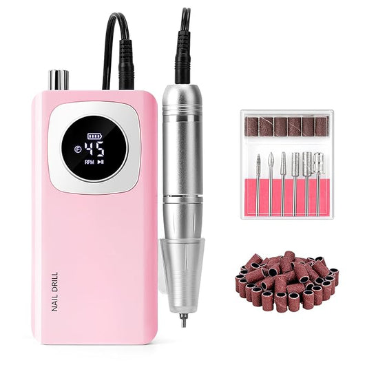 Rechargeable Electric Nail File Professional: Madenia 45000RPM Portable Efile Nail Drill Kit, Cordless E File Nail Drill Machine for Acrylic Gel Nails Salon Home Manicure Use, Pink