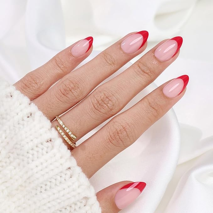 Red French Tip Press on Nails Short - Soft Gel Almond Nails for Women Gift, Fit Perfectly & Natural Glue on Nails with Glue in 16 Sizes - 32 Reusable Fake Nails, Red French