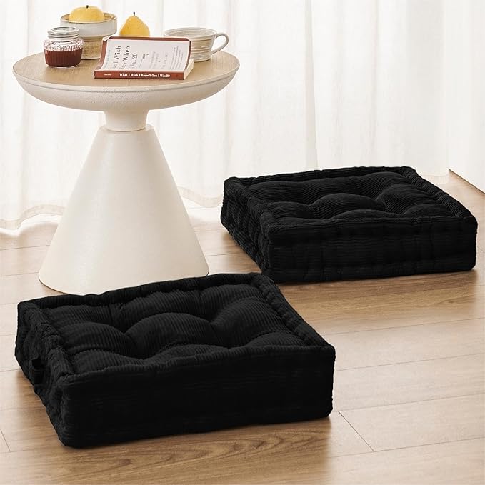 Square Floor Pillows for Adults Kids - Meditation Floor Pillow Seating Cushion - Tufted Floor Cushion with Shredded Foam & Velvet Cover, 1 Pack, 20x20 Inch, Black