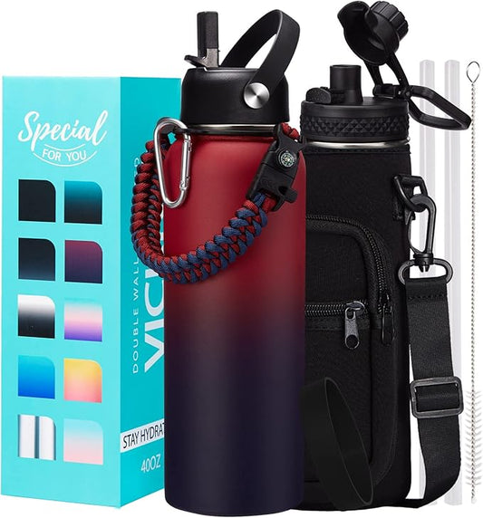 40 OZ Insulated Water Bottles with Straw Lid, Stainless Steel Water Bottle for Men Women, Wide Mouth Water Flask Sports with Shoulder Carrier Bag, Paracord Handle, Straw & Spout Lids