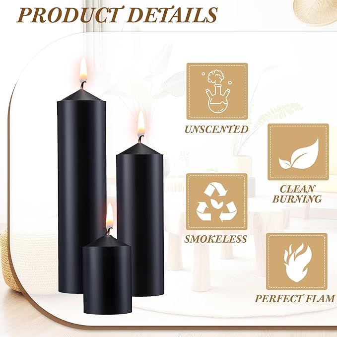 MTLEE 18 Pcs Set of 3 Pillar Candles Bulk 2 in x 3, 6, 8 Long Burning Clean Unscented Smokeless Pillar Candles for Wedding Emergency Lanterns Ceremony Party(Black)
