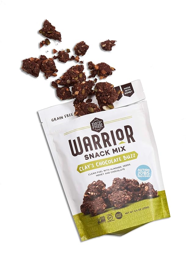 BeeFree Warrior Mix Gluten Free Granola - Chunky Granola Bites | Paleo Granola, Low Carb, Grain Free, Preservative Free, Oat Free | Granola for Yogurt, Low Calorie Snacks | Clay’s Chocolate Buzz, 9 Ounce Bags, 3 Pack