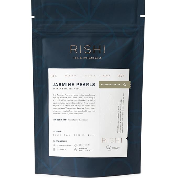 Rishi Tea Jasmine Pearls Green Tea - Caffeinated Loose Leaf, Hand-Rolled with Floral Aroma & Taste - 4 Ounces, 10+ Servings