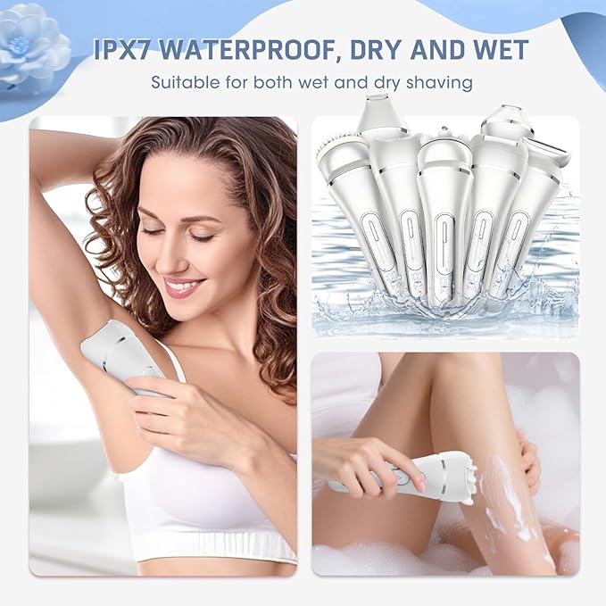 Electric Shavers for Women, 7 in 1 Hair Removal Kit with Epilator Bikini Trimmer Face Razor Body Brush Face Massager Foot Callus Remover, IPX7 Waterproof Lady Razors Set for Legs Armpit Bikini Pubic