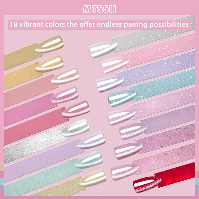 MTSSII 18PCS Cat Eye Gel Nail Polish Set with Magnet, Sea Spirit Magic Cateye Gel Polish Pink Green Blue Yellow Glitter Shinny Magnetic Nail Polish Soak Off LED Manicure Nail Art