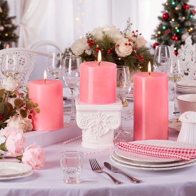 KONNI Pink Pillar Candles Set of 3, 3"x 6" Unscented Pillar Candles Bulk, 56 Hours Long Burning Candles, Smokeless&Dripless Large Round Candle for Wedding, Home Decoration, Parties, Spas, Dinner