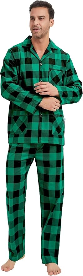 GLOBAL Men's Pajamas Sets 100% Cotton Flannel Sleepwear Long-Sleeve top & Bottom