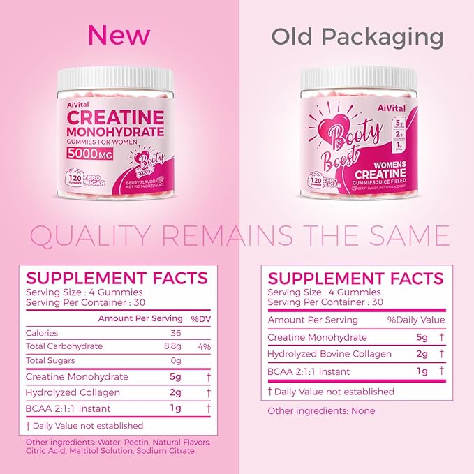 AiVital™ Creatine Gummies for Women, 5000mg Creatine Monohydrate for Women+2000mg Collagen+1000mg BCAAs, Supports Lean Muscles & Booty, No Sugar, 30 Serving, 120 Counts, Berry Flavor,