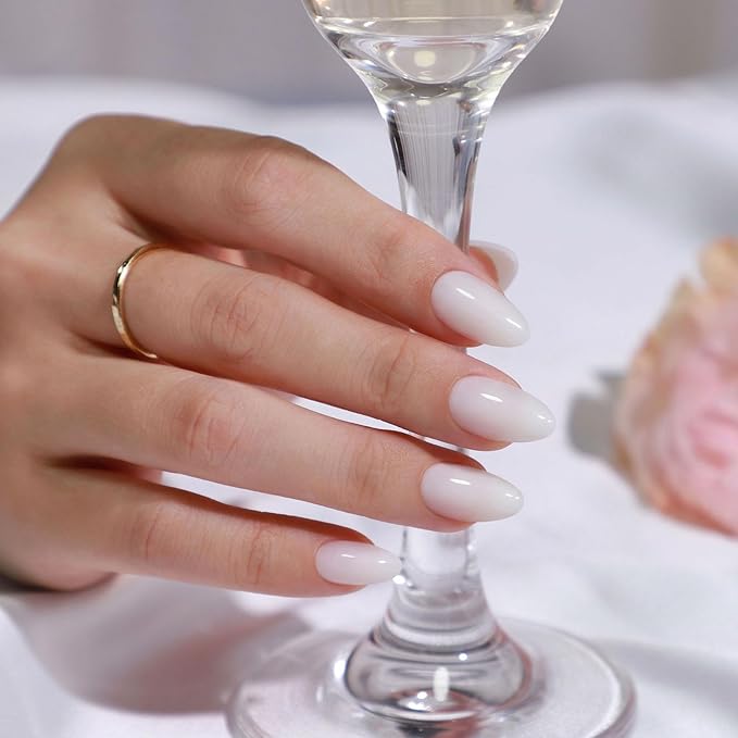 White Press on Nails Short - Soft Gel Almond Press on Nails for Women Gift, Fit Perfectly & Natural Glue on Nails in 16 Sizes - 32 Reusable Fake Nails with Glue, Milky White