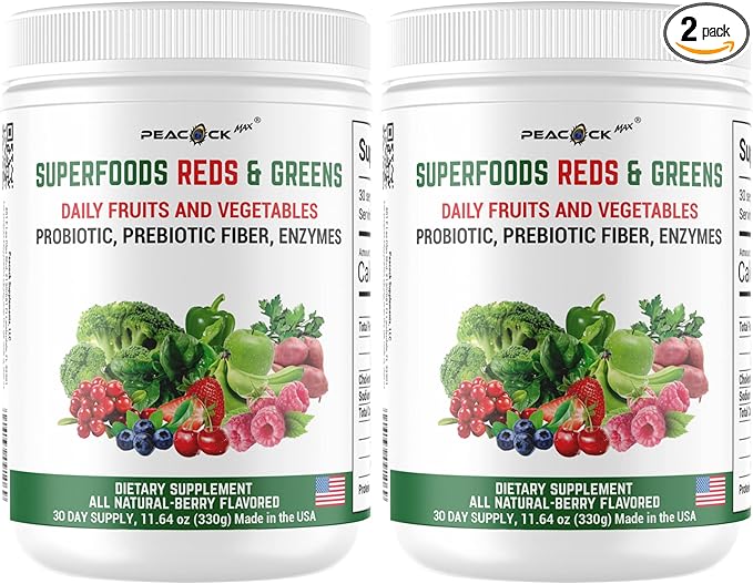 Superfood Reds & Greens Powder - 11.64 oz (Pack of 2), Prebiotics & Probiotics for Digestive Health, Super Greens Powder with Ashwagandha, Antioxidants, Vegan, Non-GMO