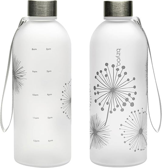 bzyoo 32oz 1 Liter Clear Water Bottle with Time Marker, Dandelion Design, Durable Plastic, BPA-Free, Reusable with Measurement Markings for Fitness and Outdoor Activities (Color: Silver)