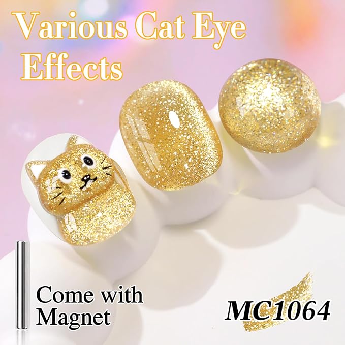 Double Rhythm Cat Eye Gel Polish with Magnet 15ML Holographic Glitter Shimmer Translucent Sheer Color Glass Magnetic Gel Polish Salon DIY at Home (Light Gold-MC1064)