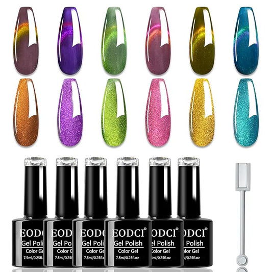 6 Colors Two-tone Cat Eye Nail Polish, Upgraded Magnetic Gel Polish Kit with Magnet Stick, Galaxy Chameleon Effect Silky Cat Eye Nail Gel Soak Off Nail Art Salon Manicure Home Ladies Gift