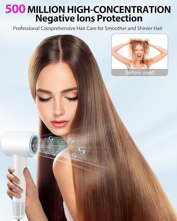 Hair Dryer,180000 RPM High-Speed Hair Blow Dryer with Brushless Motor, 500 Millions Negative Ionic Hair Dryer for Fast Drying, Quiet Thermo-Control Travel Hair dryers for Women Home Salon (White)