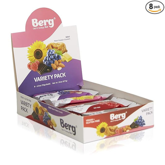 Berg Oat N' Energy Bar | Variety Pack | Plant Based Protein Bar | Non-GMO, Gluten Free, Nut Free and Vegan | Low Sugar, Healthy Snack Bar | High Fiber | On The Go | 2.5oz (8 Packs)