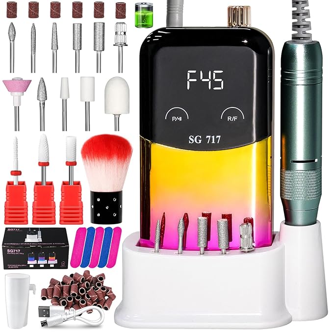 LIMEGIRL Professional Electric Nail File Drill Bits Kit 45000RPM for Acrylic Toenail Machine Clippers with 14 Drill Bit Gradient Yellow Portable Rechargeable Cordless