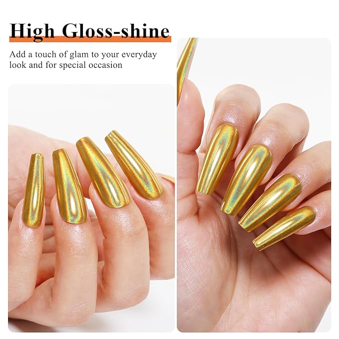 Imtiti Holographic Gold Chrome Nail Powder Kit,1g Holo Iridescent Gold Meatllic Mirror Effect Powder with 10ml White Color Gel Polish Metal Nail UV DIY Kit