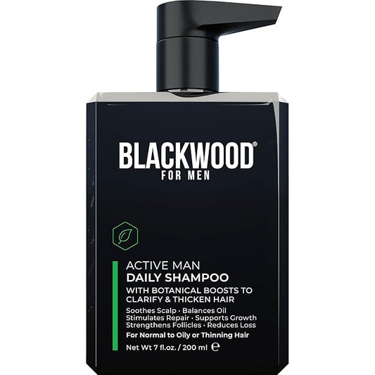 BLACKWOOD FOR MEN Active Man Daily Shampoo - Thickening & Clarifying Shampoo for Normal to Oily Hair or Scalp - Fights Hair Loss - Natural Vegan Formula - Sulfate Free with Ginseng & Aloe Vera (7oz)