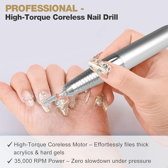 Professional Portable Nail Drill, 2-in-1 AZ GOGO 35000RPM Rechargeable Cordless Electric Nail Drills for Acrylic Gel Nails - 60W Coreless Motor Quieter, High Efficiency Pro E-File for Salon & Home
