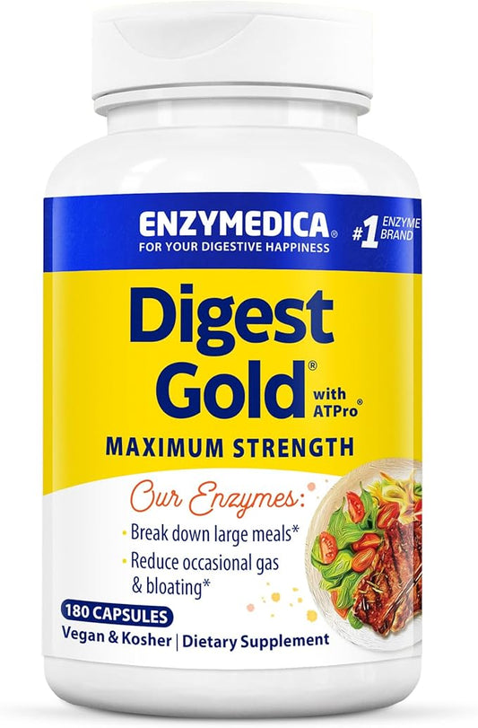 Enzymedica Digest Gold + ATPro, Maximum Strength Enzyme Formula, Prevents Bloating and Gas, 14 Key Enzymes Including Amylase, Protease, Lipase and Lactase, 180 Capsules