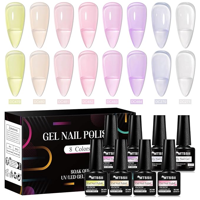 MTSSII Purple Grape Jelly Gel Nail Polish Set, 8 Transparent Colors Sheer Pastel Pink Violet Lavender Yellow Nail Polish Soak Off U v LED Gel Nail Kit Diy Nail Art Manicure at Home Gift for Women