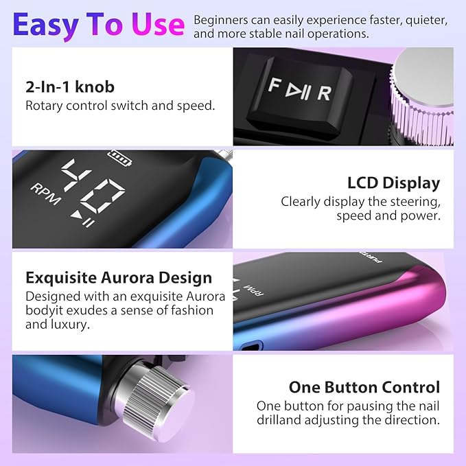 Professional Nail Drill 40,000 RPM, Rechargeable,LCD Display E File Machine for Acrylic Nails Gel Polishing Removing Portable Nails Efile Tools for Manicure Salon & Home (Blue&Purple)
